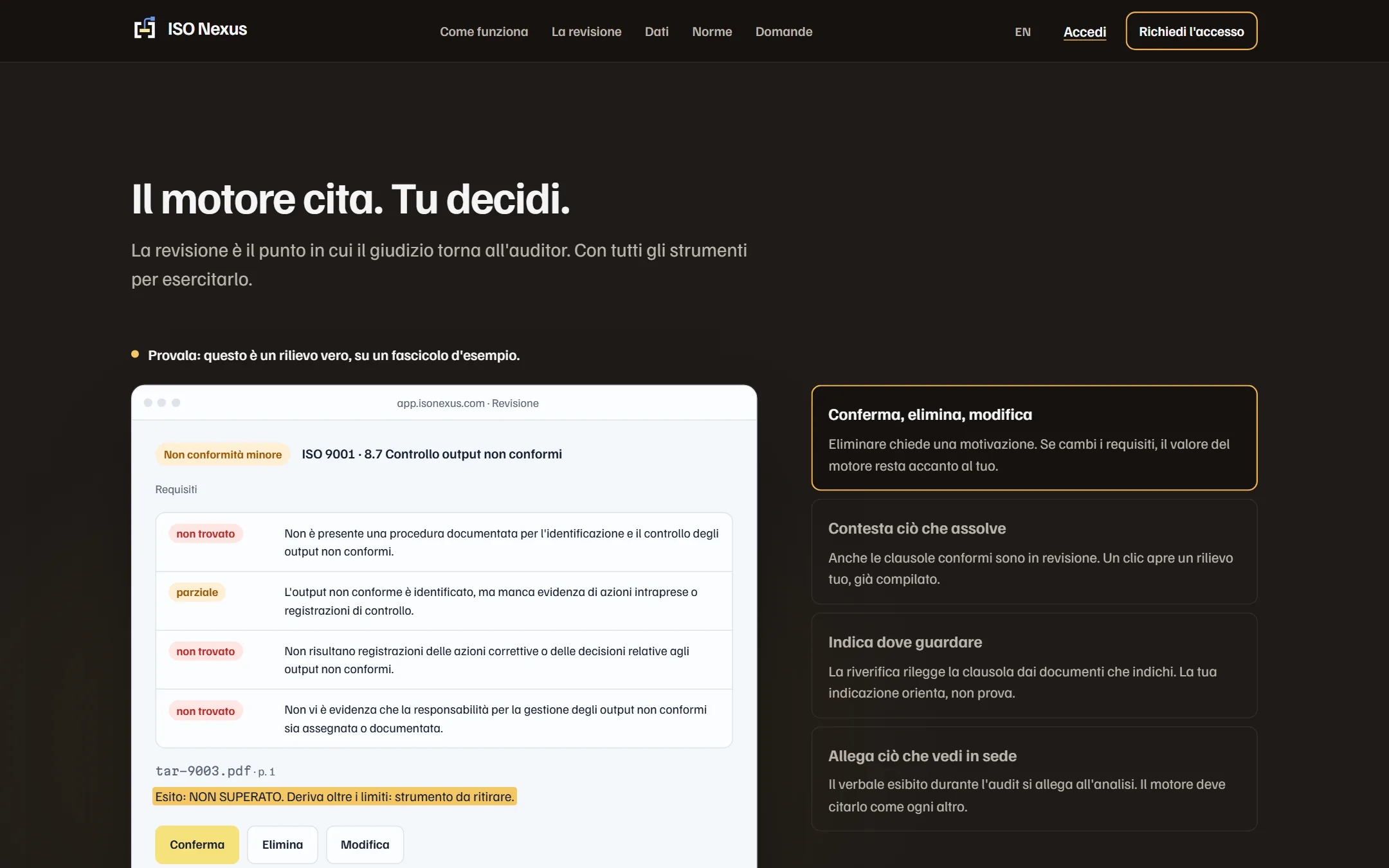 Rilegge il fascicolo clausola per clausola e confronta registri e registrazioni. Ogni rilievo cita file e pagina.